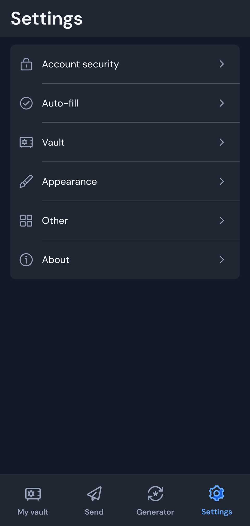 صفحه تنظیمات Bitwarden در Android