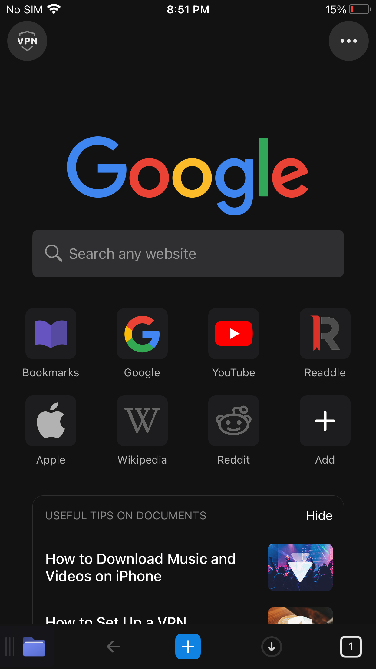 مرورگر وب موبایل در برنامه Documents بر روی آیفون