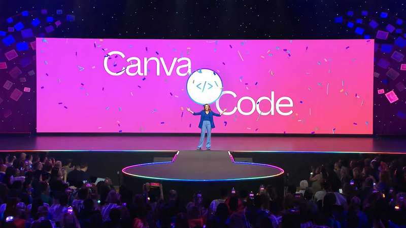 چند ارائه‌دهنده بر روی صحنه Canva Code جدید را بر روی صفحه‌نمایشی بزرگ که پشت سرشان قرار دارد، نمایش می‌دهند