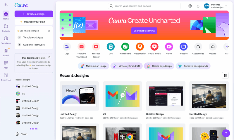 صفحه اصلی Canva هنگام ورود