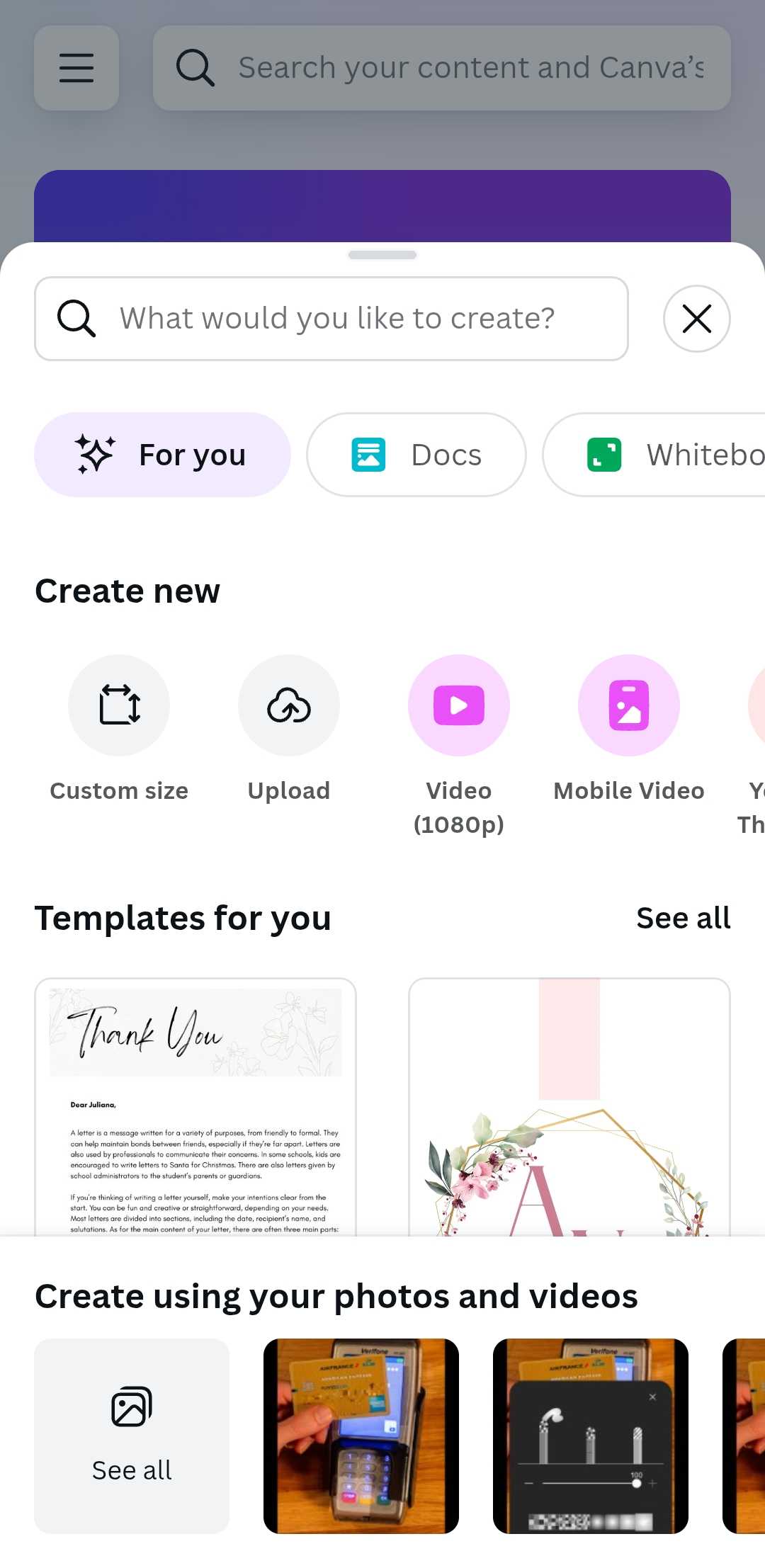 برنامه موبایل Canva نمایش منوی Create