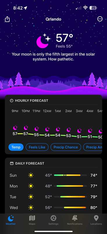 طنز پیش‌بینی هواشناسی Carrot در اورلاندو بر روی آیفون