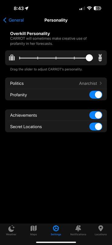 اسلایدر شخصیت آب و هوای Carrot در آیفون