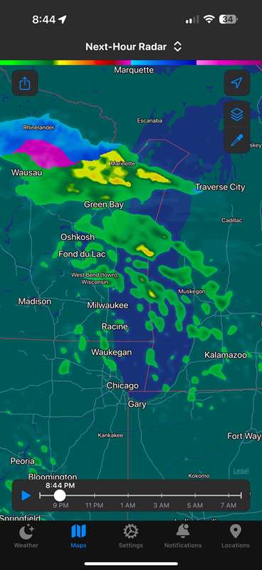 مثال نقشه رادار Carrot Weather در آیفون