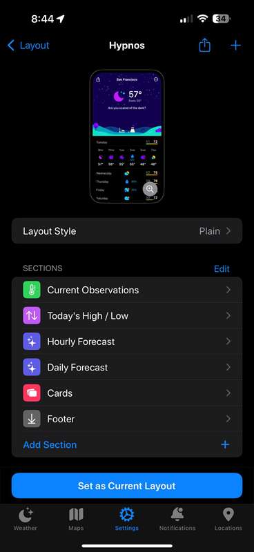 انتخاب چیدمان Carrot Weather در آیفون