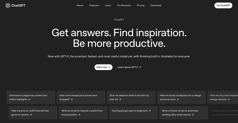 صفحه chatgpt در مورد ما نشان می دهد برجسته ای از سریع و قابلیت های هوش مصنوعی