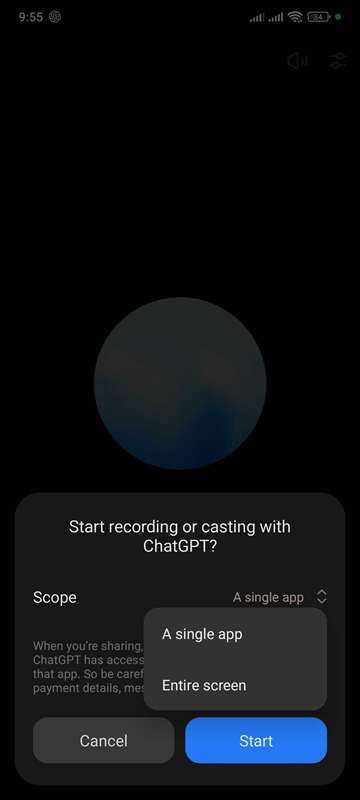 منوی محدوده ضبط صفحه‌نمایش ChatGPT.