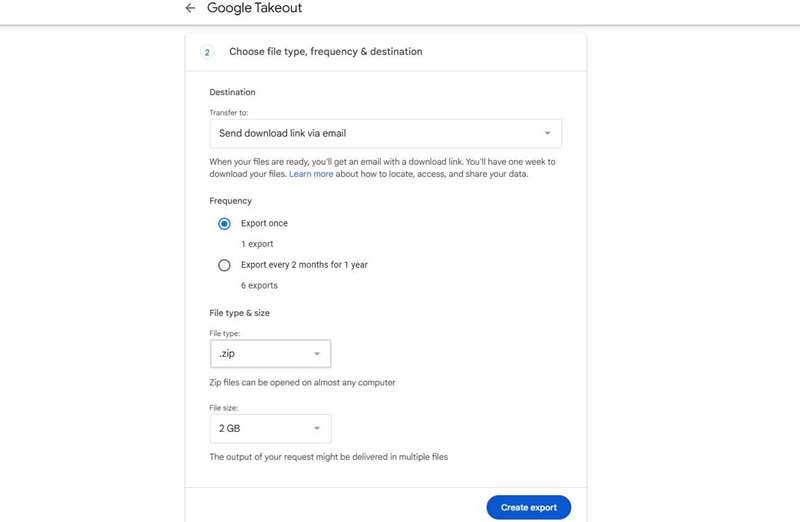انتخاب نوع فایل، فرکانس و مقصد در Google Takeout.