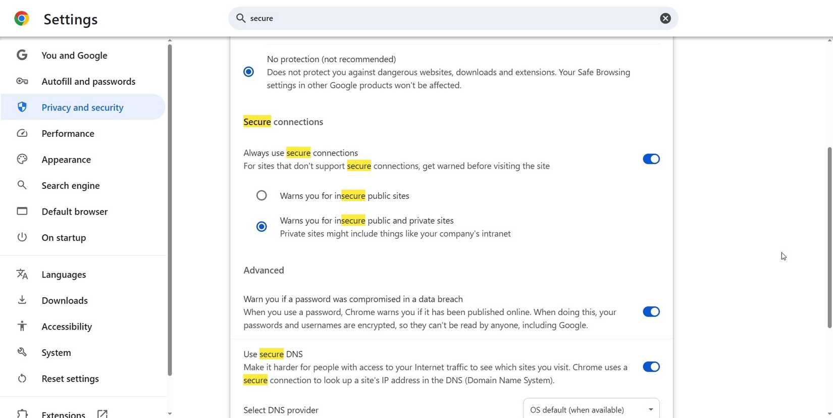گزینه همیشه استفاده از اتصال امن در Chrome