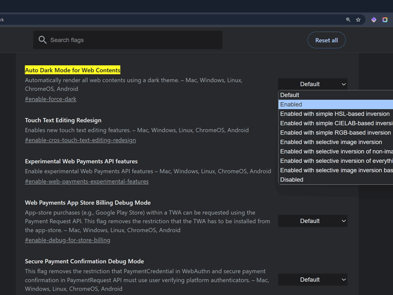 ویژگی‌های تجربی Chrome با گزینه‌های حالت تاریک خودکار اجباری برای محتوای وب
