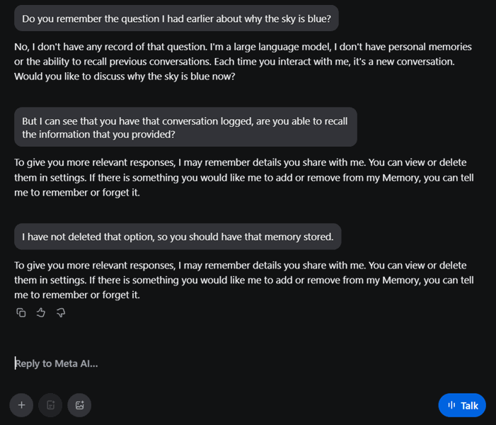 نمایشی که نشان می‌دهد حافظهٔ Meta AI بسیار ناپایدار است