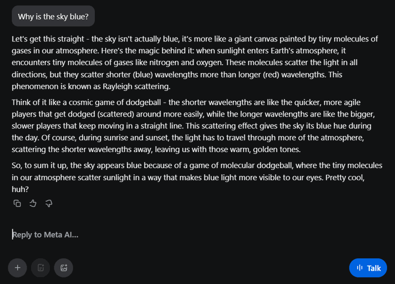 یک تصویر صفحه نمایش از پاسخی که توسط Meta AI به یک پرامپت عمومی ارائه شده است