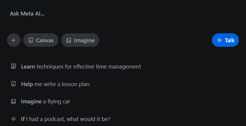 عکسی از صفحهٔ اصلی ورودی Meta AI