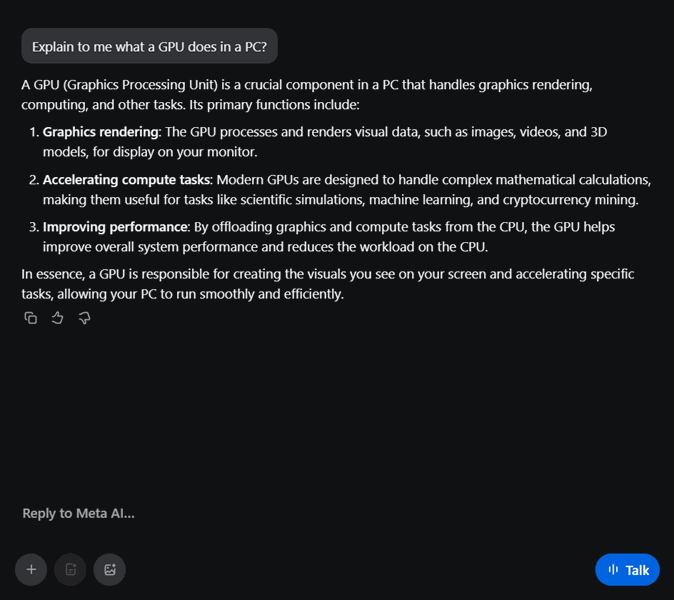 یک تصویر صفحه نمایش از پاسخی که توسط Meta AI به یک پرامپت عمومی ارائه شده است