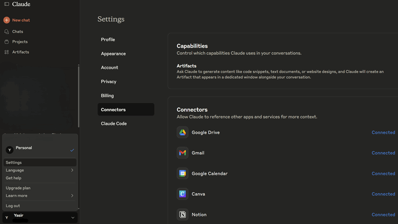 تنظیمات اتصال Claude که برنامه‌های متصل را نشان می‌دهد.