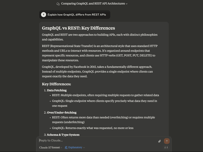 پاسخ Claude برای پرامپتی درباره GraphQL در مقابل REST با سبک توضیحی انتخاب‌شده-1