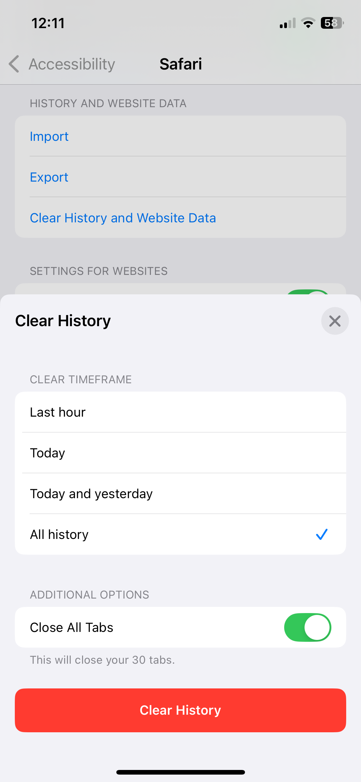 منوی پاکسازی تاریخچه برای Safari در آیفون