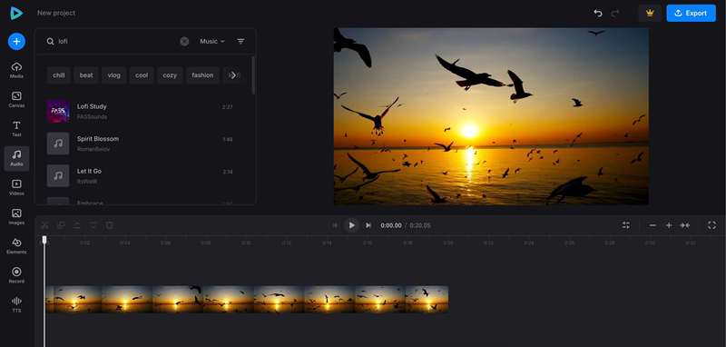 افزودن موسیقی به یک ویدیو در برنامه Clideo