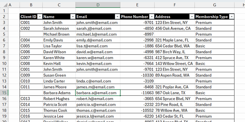 فهرست مشتریان در اکسل با سلول‌های خالی بدون برجسته‌سازی