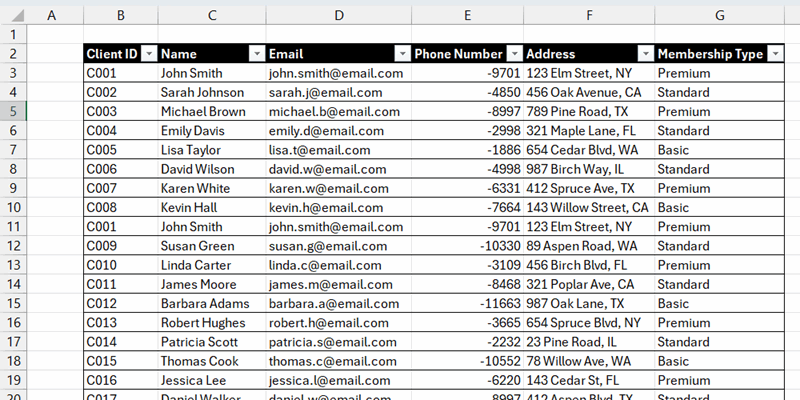 فهرست مشتریان در اکسل