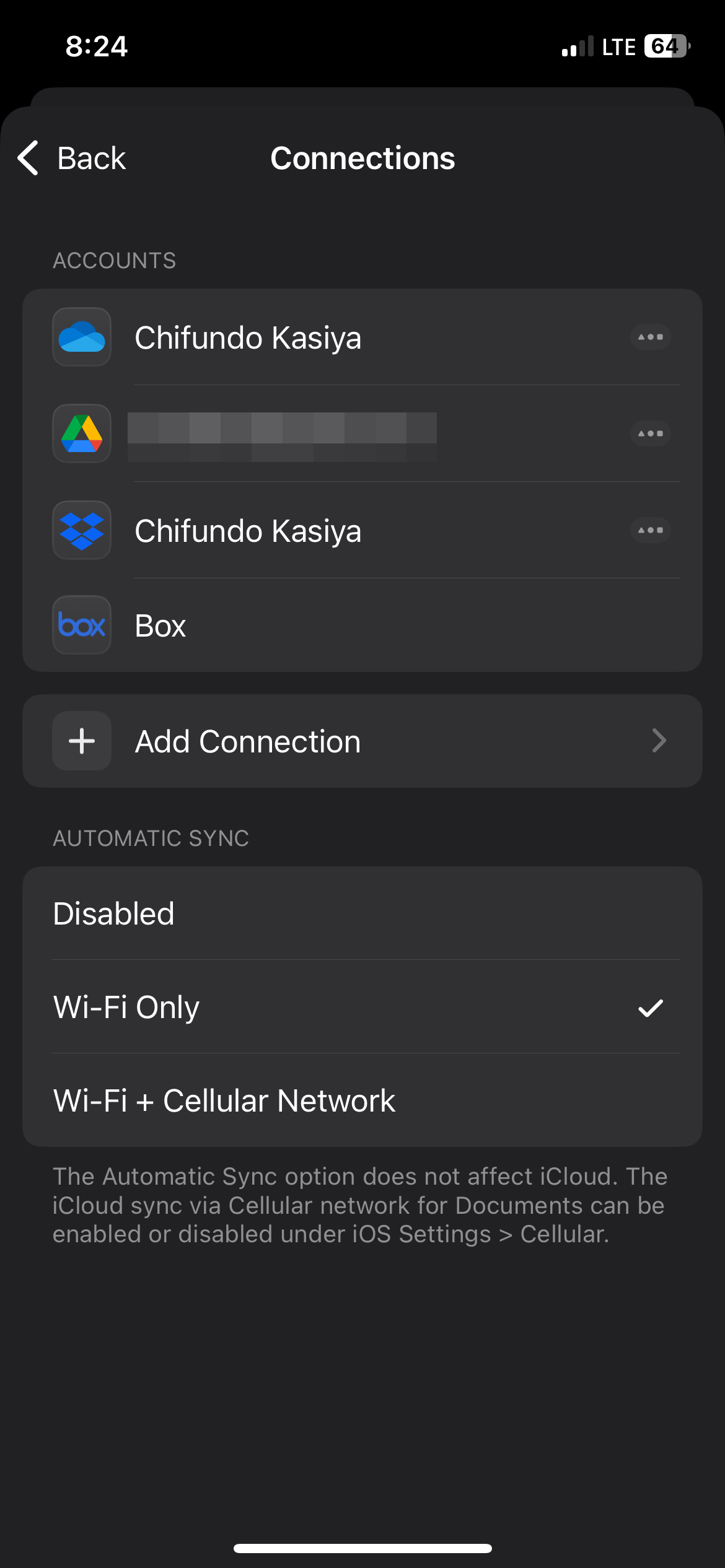 صفحهٔ «Connections» در تنظیمات برنامه Documents در آیفون
