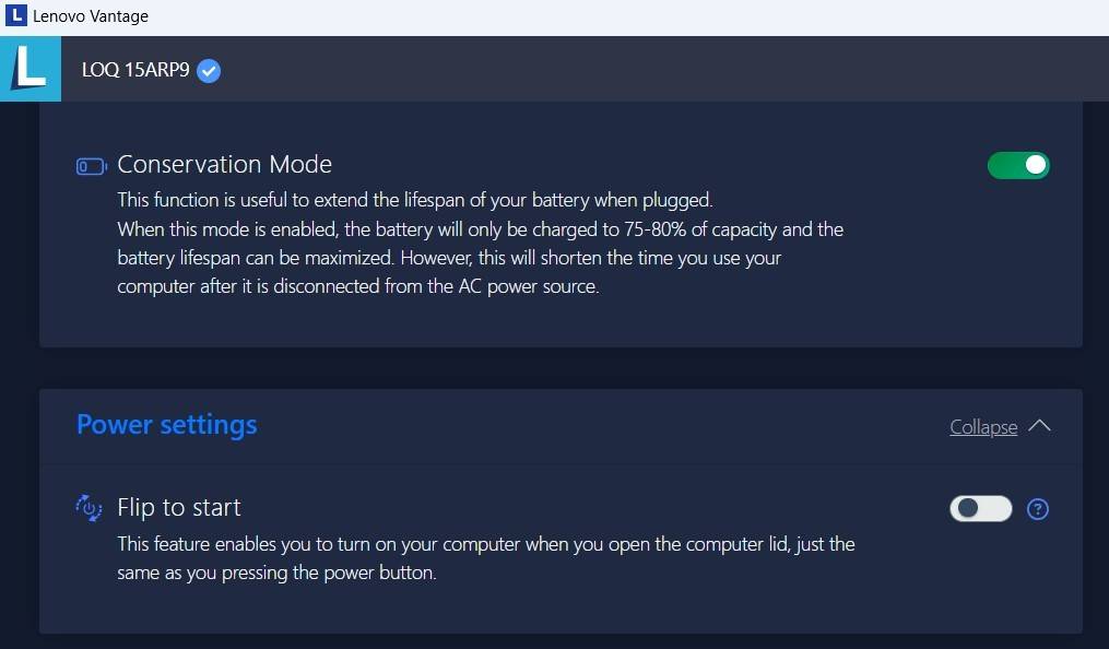 گزینهٔ حالت حفظ انرژی در Lenovo Vantage