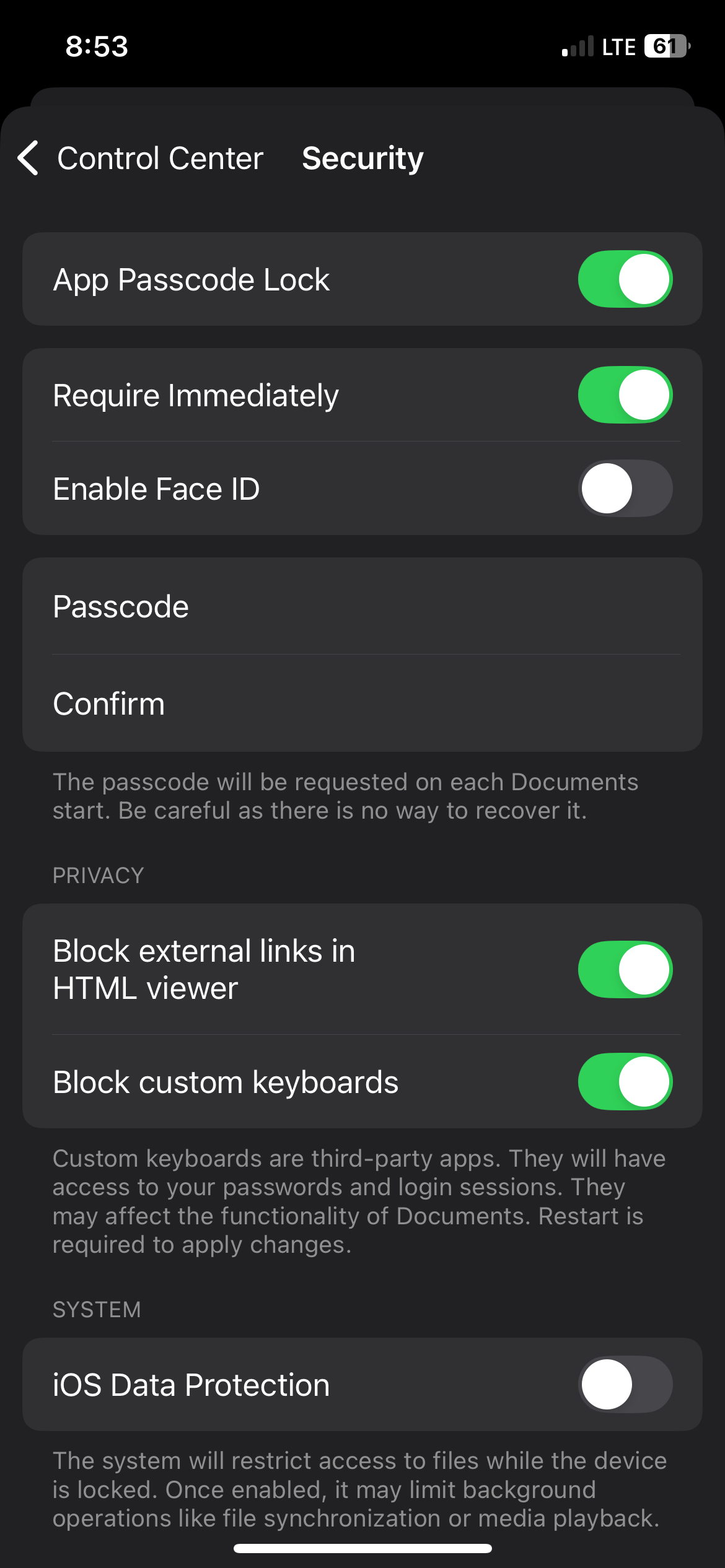 تنظیمات امنیتی در برنامه Documents بر روی آیفون