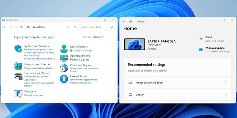 کنترل‌پنل و برنامه تنظیمات ویندوز ۱۱ به‌صورت کنار هم