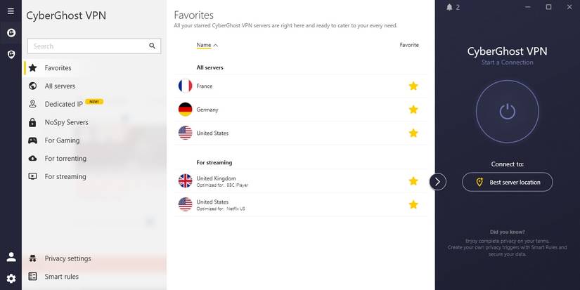 انتخاب مکان VPN در CyberGhost 8