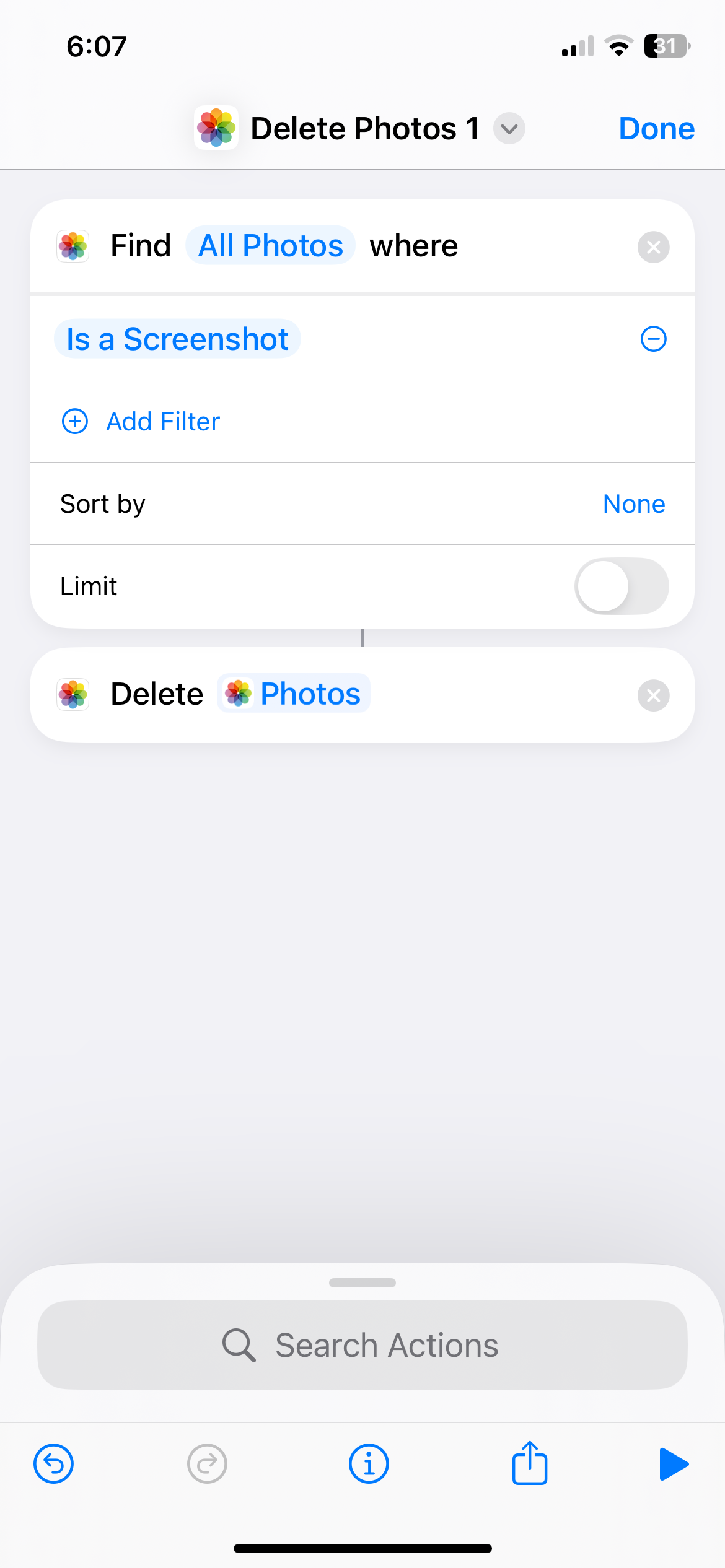 Shortcut Delete Photos برای اسکرینشات در iPhone