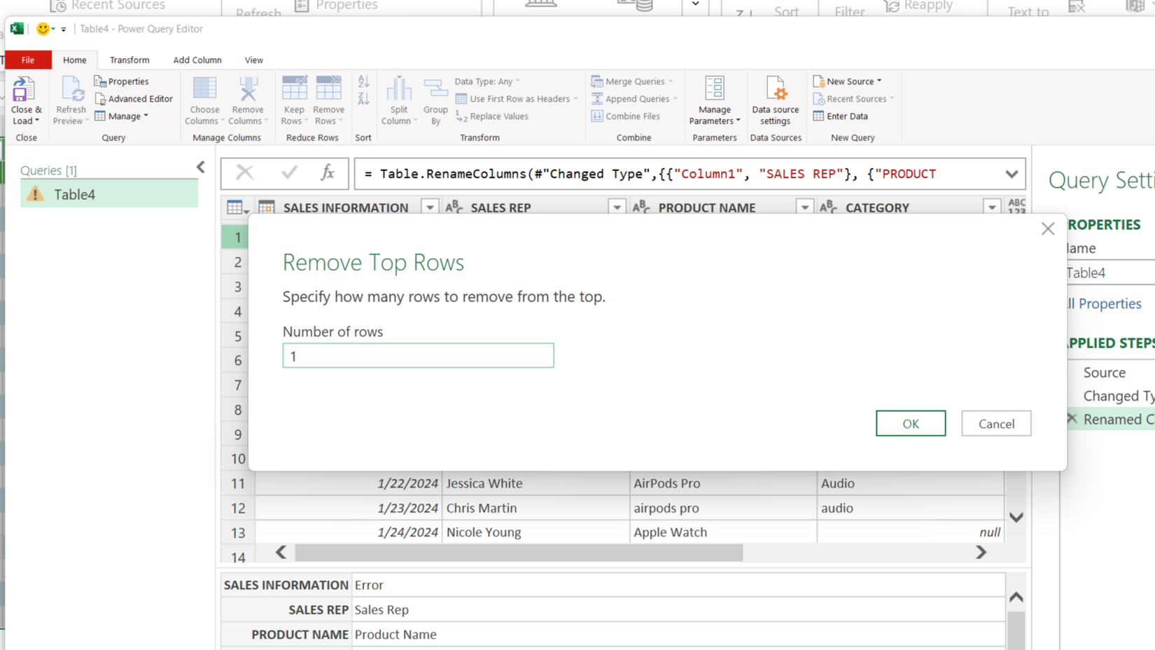 پنجره گفتگوی Power Query Editor برای حذف سطرهای بالا