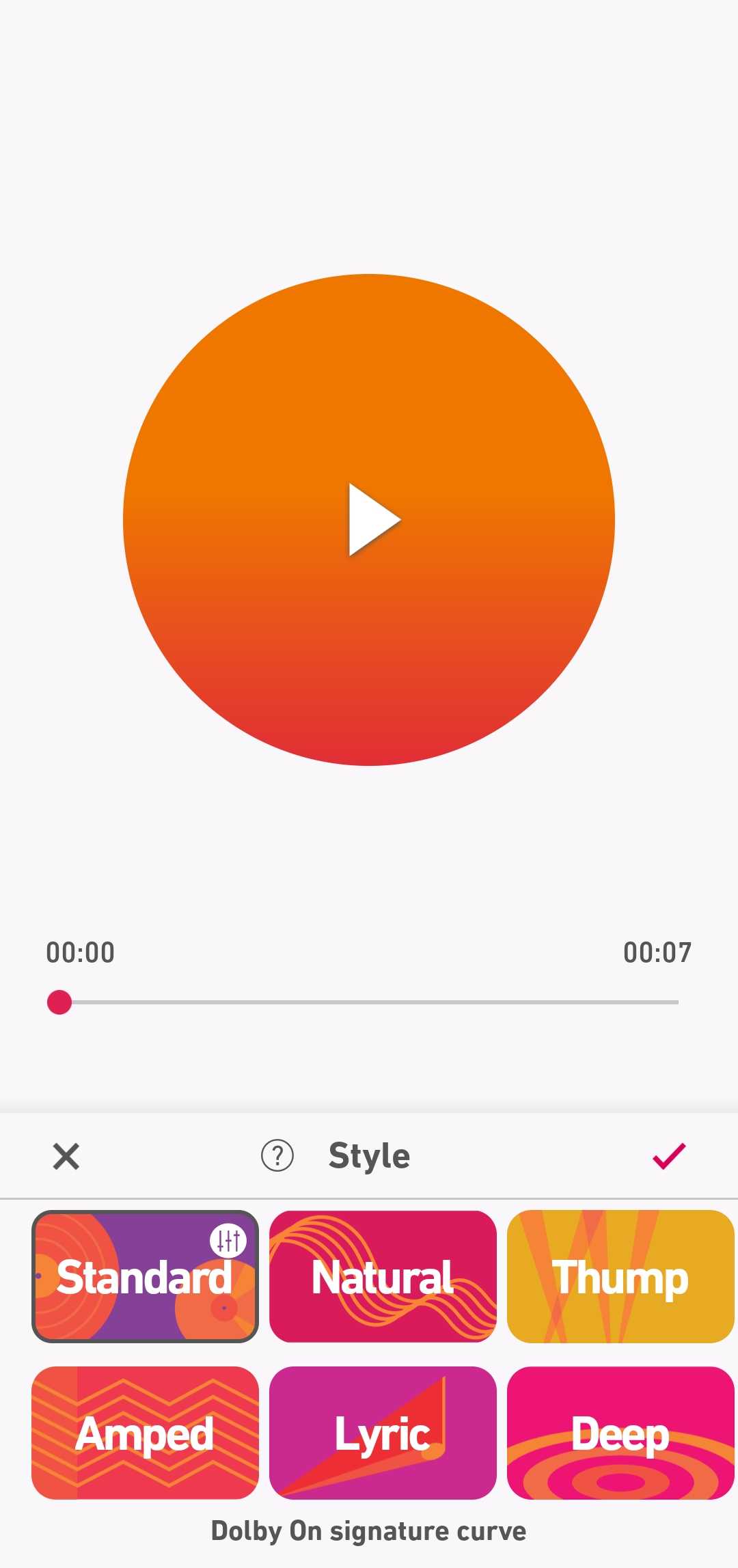 برنامه Dolby On نشان‌دهنده سبک‌های EQ پیش‌ساخته