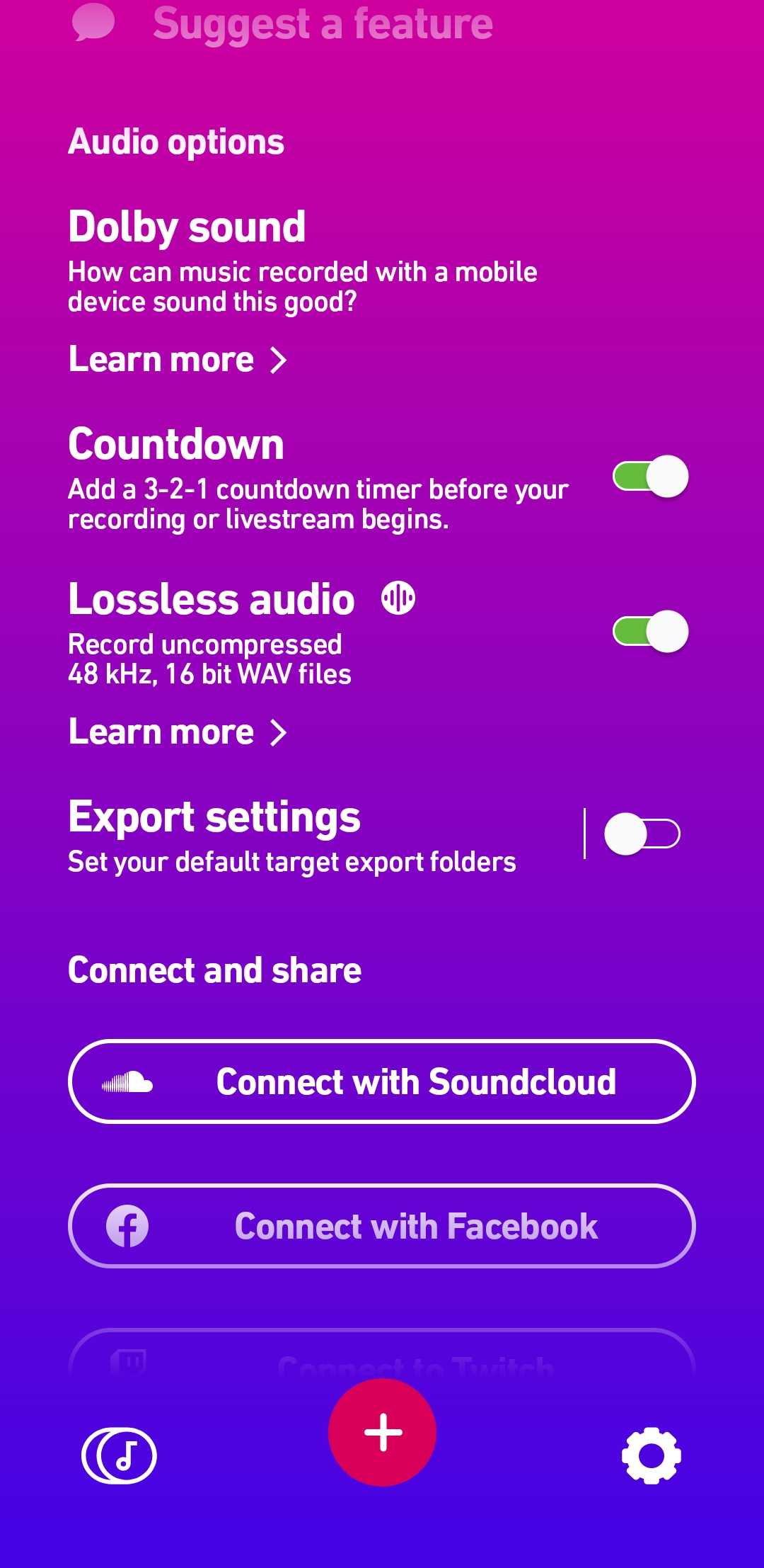 برنامه Dolby On نشان‌دهنده منوی تنظیمات