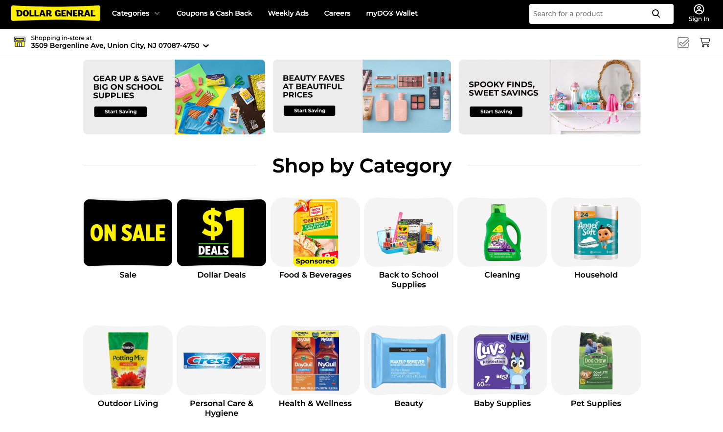 صفحه اصلی وب‌سایت Dollar General که دسته‌بندی‌های مختلف از جمله بخش تخفیف‌های بازگشت به مدرسه را نشان می‌دهد