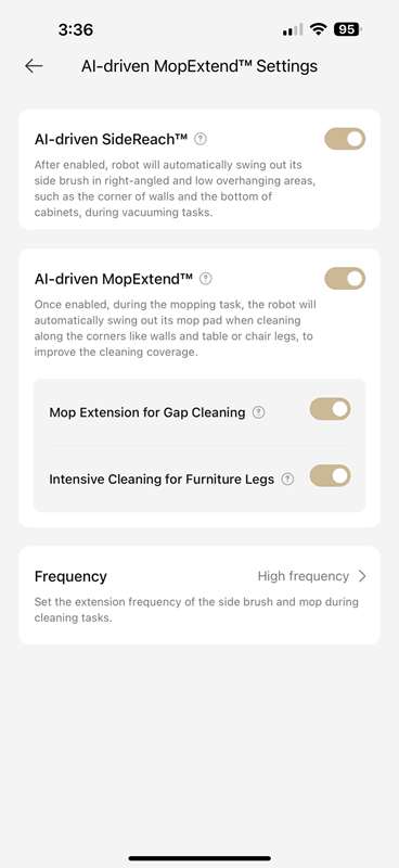 تنظیمات هوش مصنوعی برنامه Dreame X40 Ultra