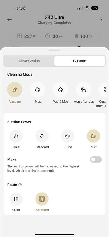 حالتهای تمیزکاری برنامه Dreame X40 Ultra