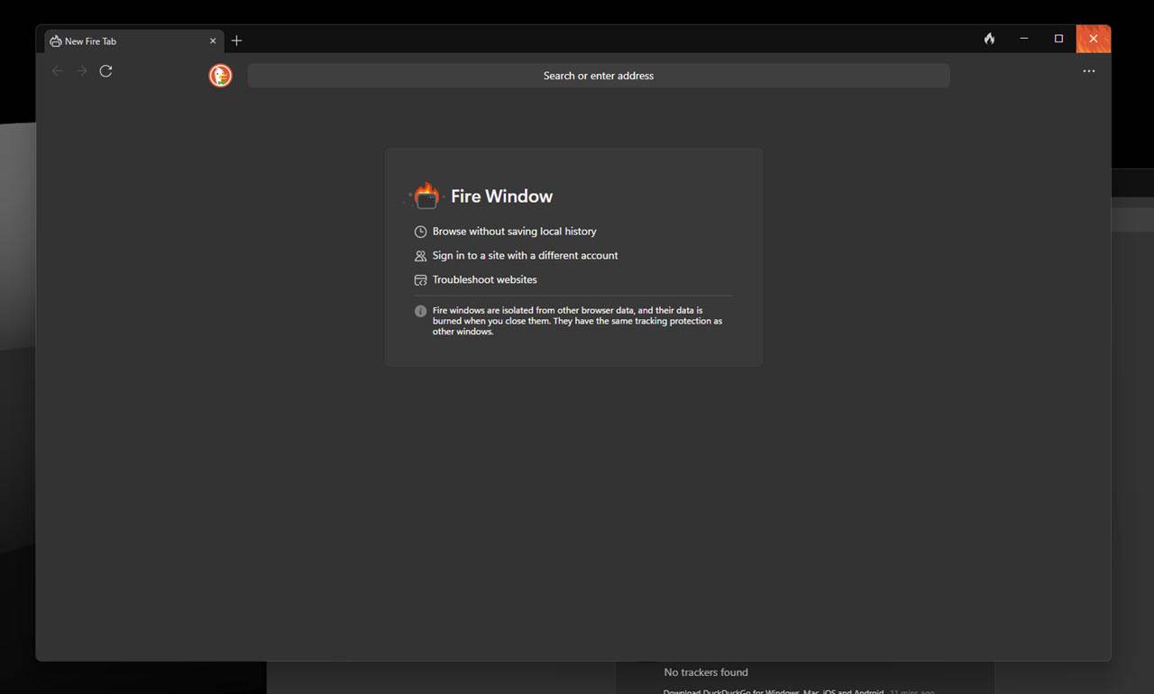 پنجره Fire در مرورگر DuckDuckGo