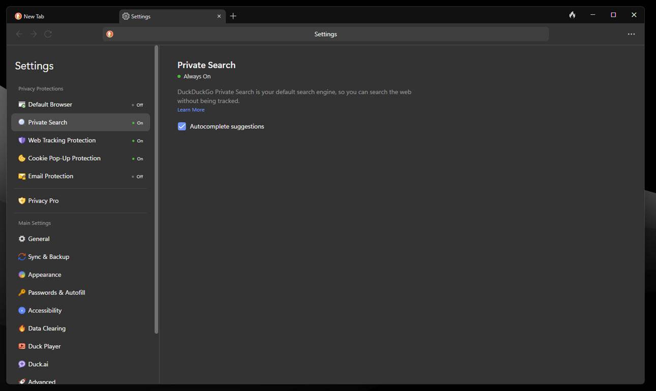 تنظیمات حریم خصوصی در مرورگر DuckDuckGo