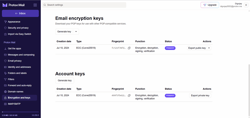کلیدهای رمزگذاری ایمیل در Proton Mail