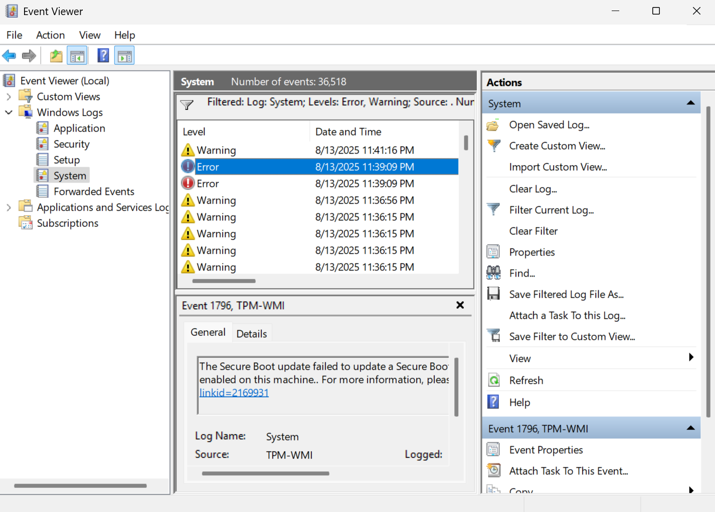 لاگ خطا که در Event Viewer ویندوز برجسته شده است