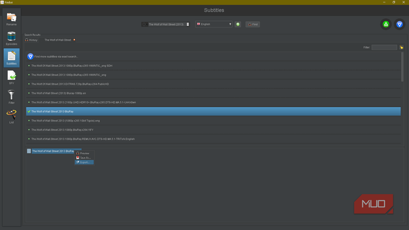 صادر کردن زیرنویس برای فیلم The Wolf of Wall Street در Filebot.