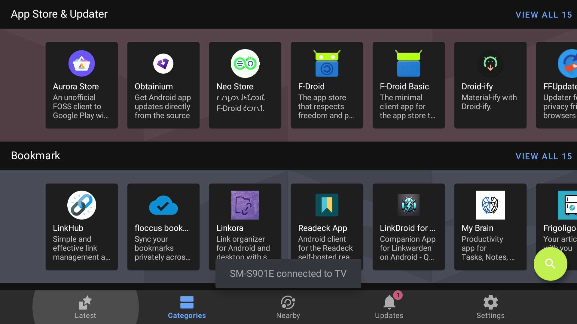 صفحهٔ اصلی فروشگاه برنامه F-Droid روی تلویزیون گوگل