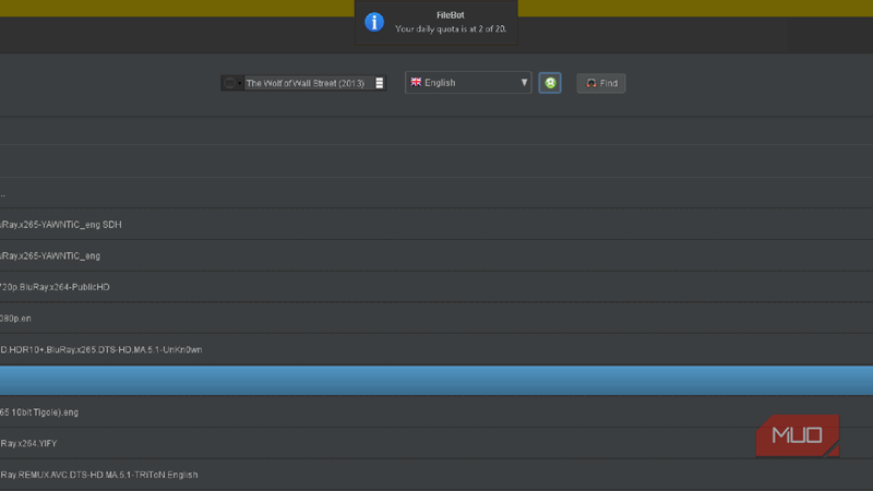 جعبه هشدار سهمیه روزانه FileBot که 2 از 20 بارگیری زیرنویس را نشان می دهد.