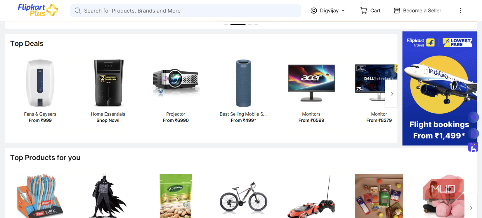 صفحه اصلی Flipkart که نشان دهنده معاملات محصول و ADS-1 است