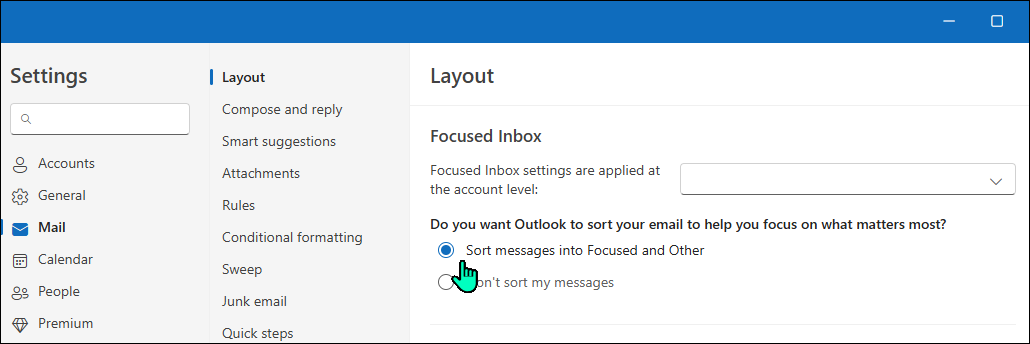 صندوق ورودی متمرکز فعال در برنامه Outlook ویندوز
