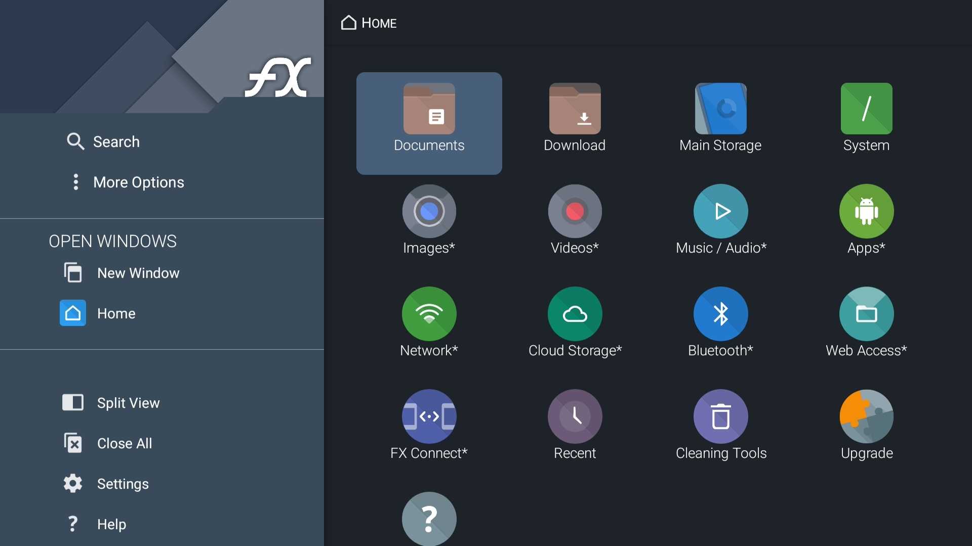 صفحهٔ اصلی FX File Manager در تلویزیون گوگل