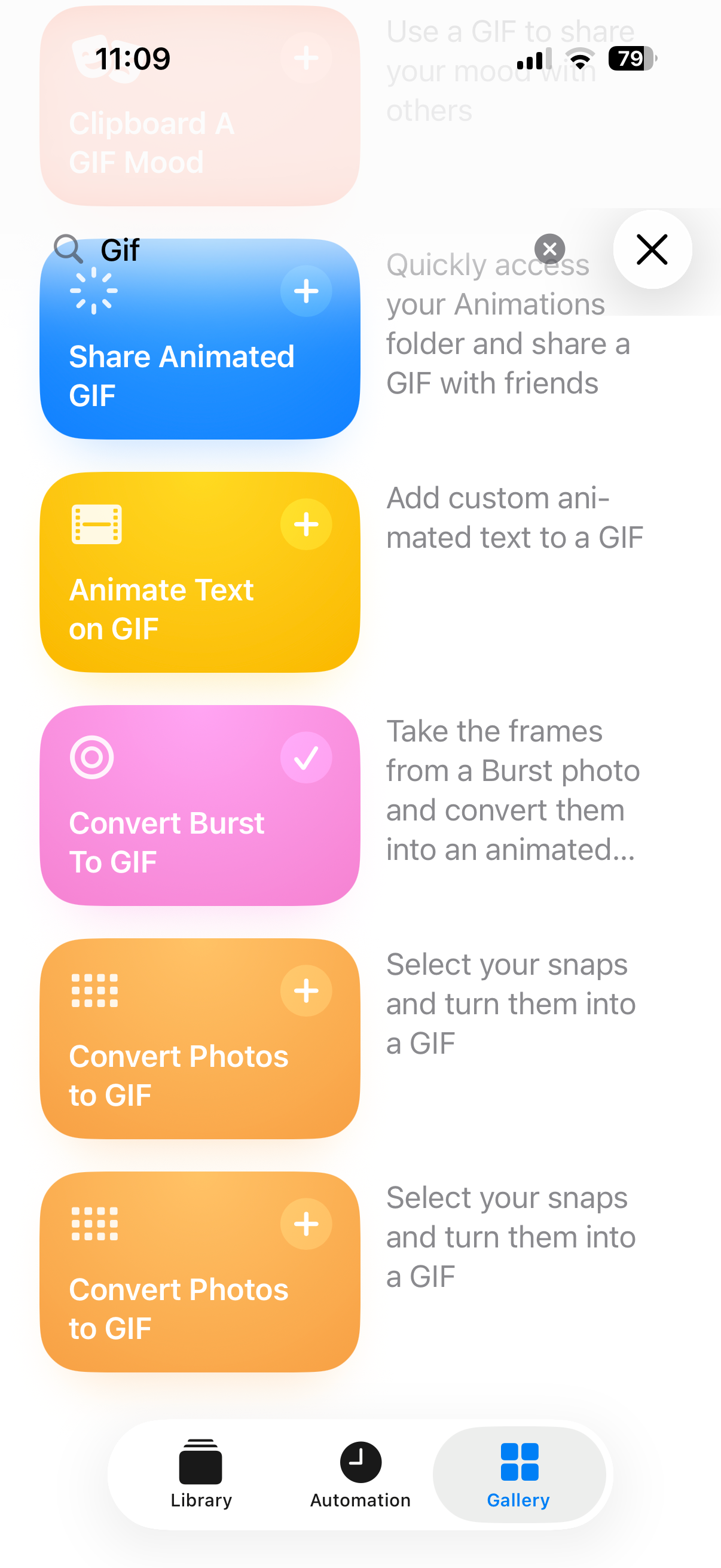 برگه Gallery در برنامه Shortcuts که اتوماسیون‌های GIF را نشان می‌دهد