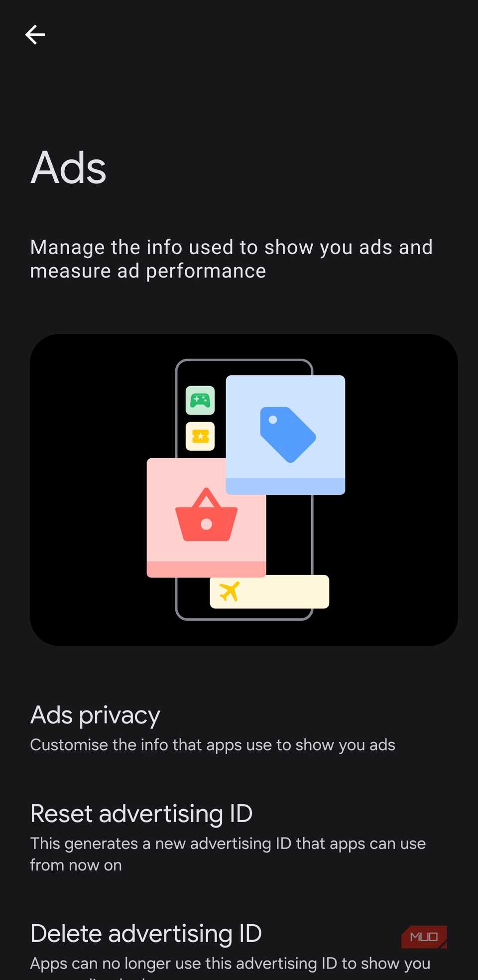 منوی Google Ads با گزینه های تنظیم مجدد و حذف شناسه