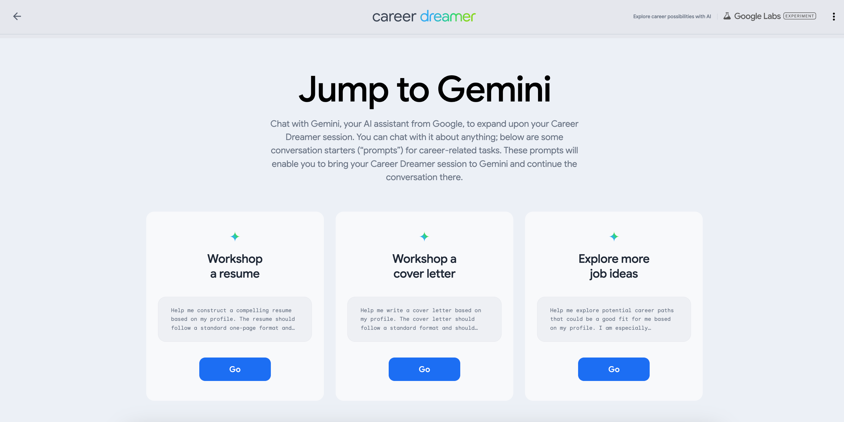 برگه Career Dreamer گوگل برای پرش به Gemini