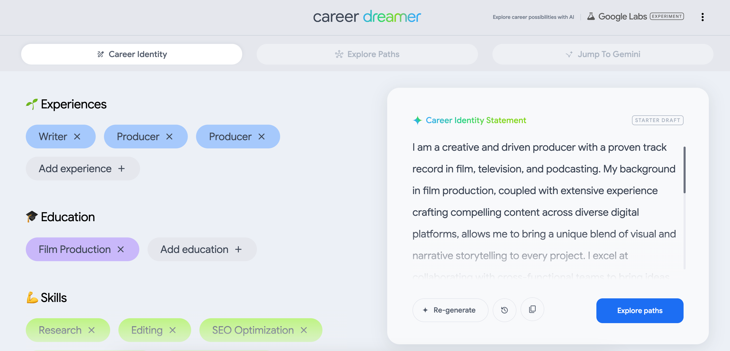 Career Dreamer گوگل یک بیانیه هویت شغلی برای نویسندهای که تجربه تولید نیز دارد مینویسد